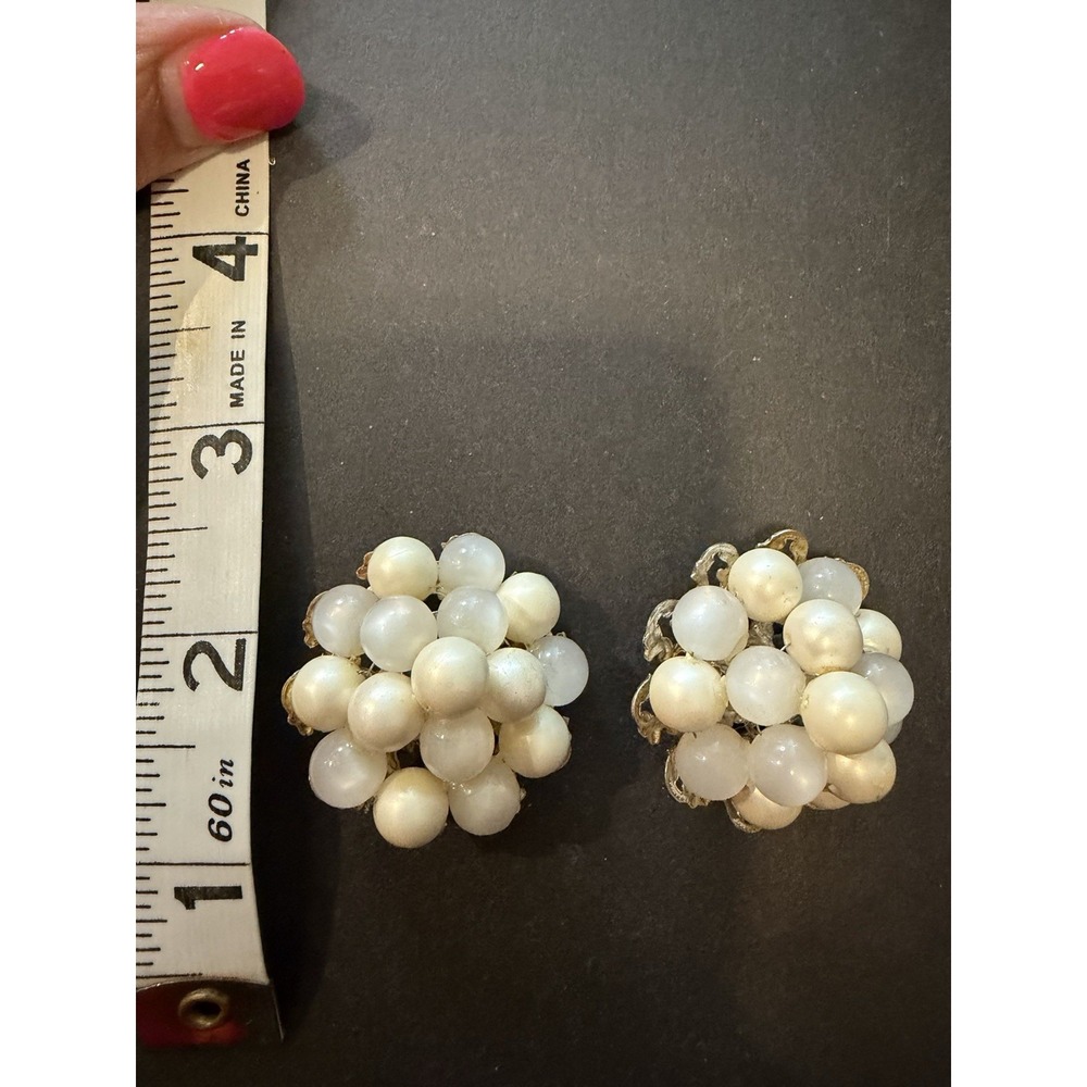 Vintage White Bead Cluster Clip On Earrings Mid Century Statement Jewelry